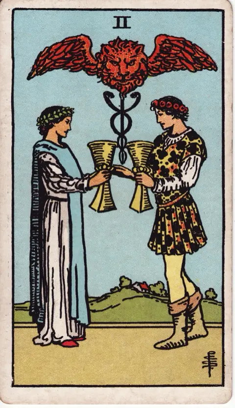 Two of Cups, from the 1909 Rider-Waite-Smith deck: a young man and woman face each other and exchange cups, a winged lion’s head above a staff with two snakes between them.