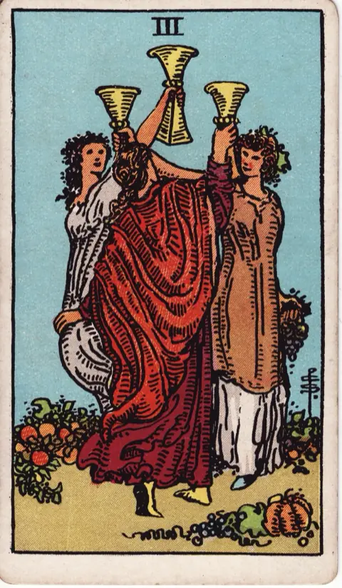 Three of Cups, from the 1909 Rider-Waite-Smith deck: three women in a garden raise their cups together as they dance, fruit and gourds at their feet.