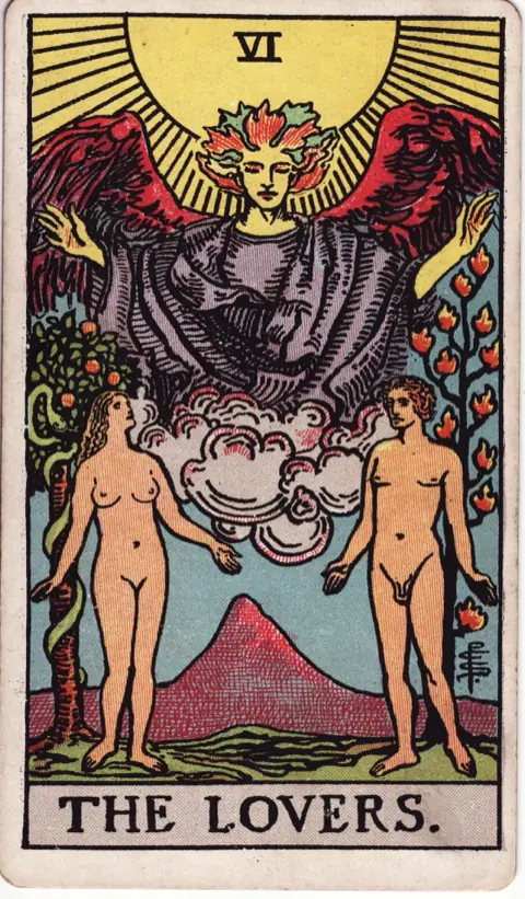 The Lovers, from the 1909 Rider-Waite-Smith deck: a naked man and woman stand beneath an angel who spreads its arms in front of the sun, a tree of flames behind the man and a fruit tree with a serpent behind the woman, a mountain between them.