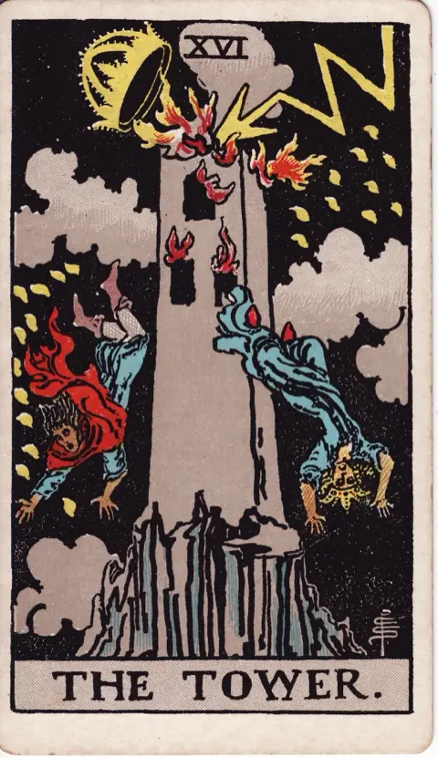 The Tower, from the 1909 Rider-Waite-Smith deck: lightning strikes a tall tower on a rocky peak and knocks off its crown, flames pour from the windows and two people fall headfirst through the dark.