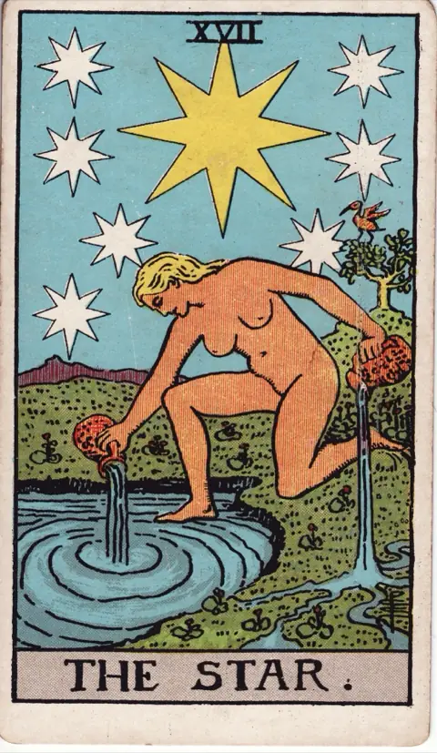 The Star, from the 1909 Rider-Waite-Smith deck: a naked woman kneels by a pool under one great eight-pointed star and seven smaller ones, pouring water from one jug into the pool and from the other onto the land, a bird in a tree behind her.