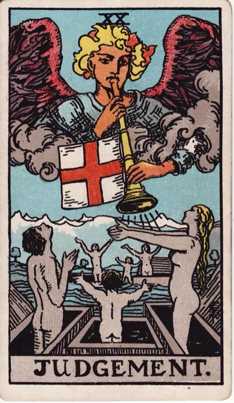 Judgment, from the 1909 Rider-Waite-Smith deck: an angel in the clouds blows a trumpet hung with a banner bearing a cross, and men, women and children rise from open coffins on the water with their arms raised.