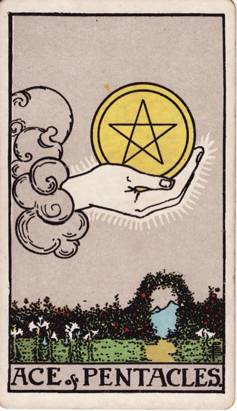 Ace of Pentacles, from the 1909 Rider-Waite-Smith deck: a hand comes out of a cloud holding a large golden pentacle above a garden path that runs through an arch of hedges and white lilies toward the mountains.