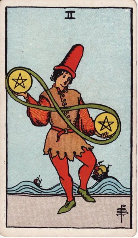 Two of Pentacles, from the 1909 Rider-Waite-Smith deck: a young man in a tall hat dances while juggling two pentacles inside a looped ribbon shaped like an infinity sign, ships riding high waves behind him.