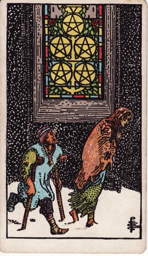 Five of Pentacles, from the 1909 Rider-Waite-Smith deck: two poor figures, one on crutches, trudge through the snow past a lit church window with five pentacles in the stained glass.