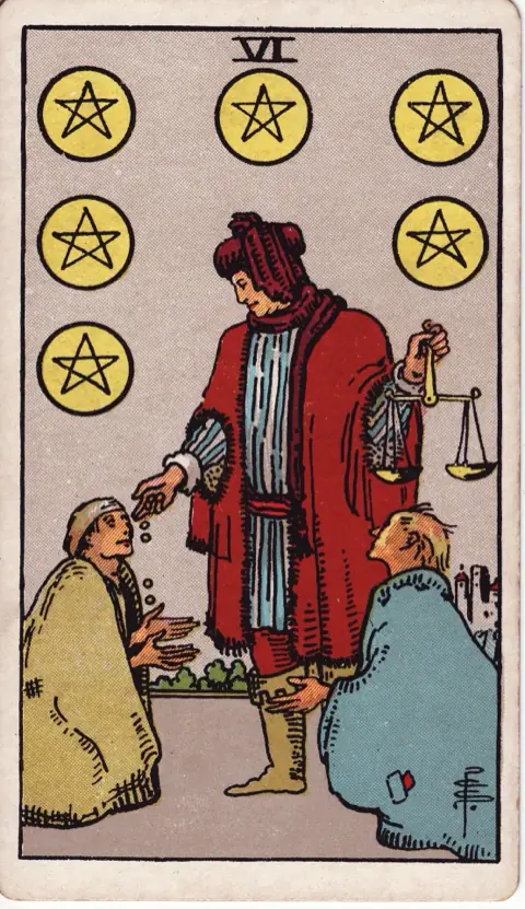 Six of Pentacles, from the 1909 Rider-Waite-Smith deck: a merchant in red holds a pair of scales in one hand and drops coins into the hand of a kneeling beggar with the other, a second beggar waiting.