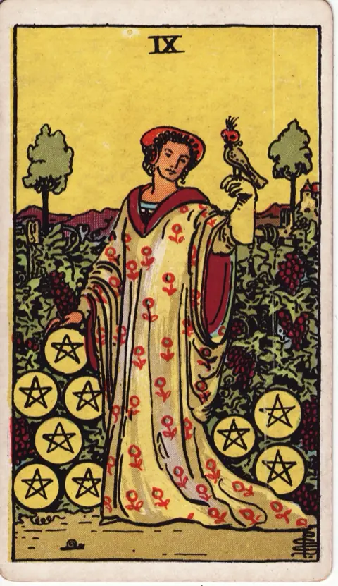 Nine of Pentacles, from the 1909 Rider-Waite-Smith deck: a woman in a gown patterned with flowers stands in a vineyard heavy with grapes, a hooded falcon on her gloved hand and nine pentacles among the vines.