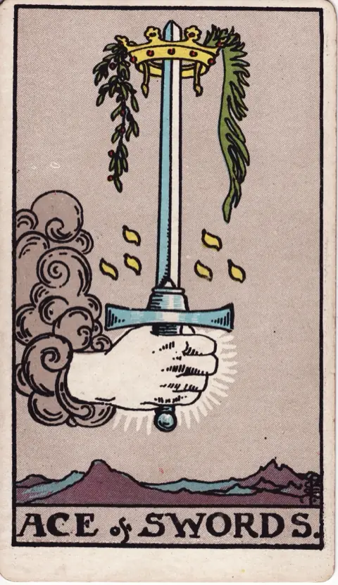 Ace of Swords, from the 1909 Rider-Waite-Smith deck: a hand comes out of a cloud gripping an upright sword topped with a crown, olive and palm branches hanging from it, grey mountains below.