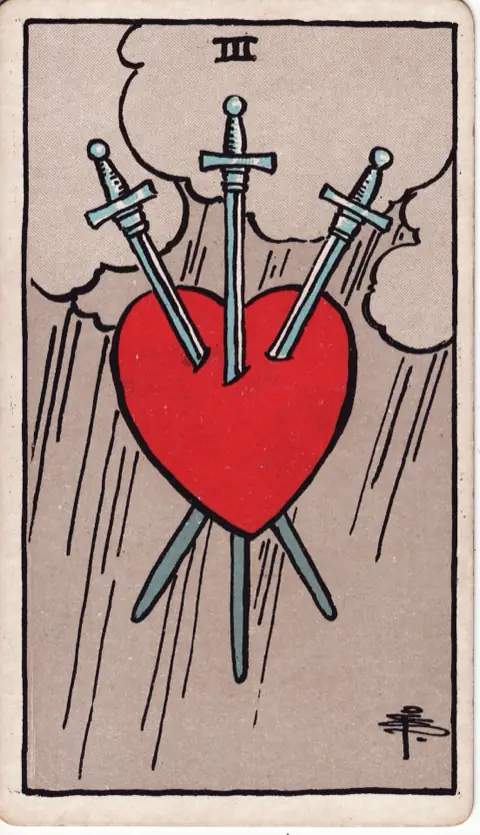 Three of Swords, from the 1909 Rider-Waite-Smith deck: three swords pierce a red heart against a grey sky full of rain.