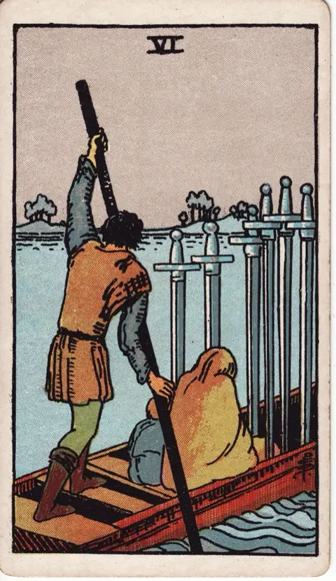 Six of Swords, from the 1909 Rider-Waite-Smith deck: a ferryman poles a boat carrying a woman and a child toward a far shore, six swords standing upright in the boat.