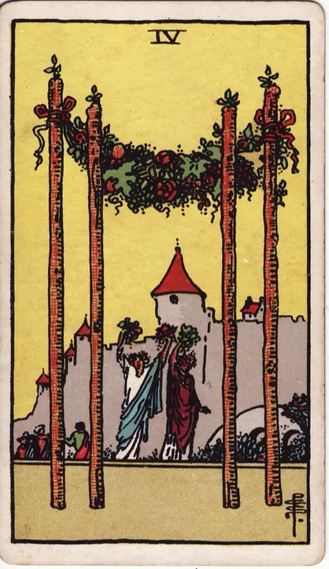 Four of Wands, from the 1909 Rider-Waite-Smith deck: four wands hung with a garland of flowers and fruit stand in front, two figures raising bouquets behind them and a castle and crowd beyond.