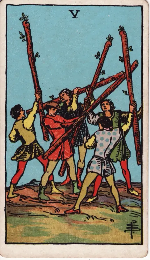 Five of Wands, from the 1909 Rider-Waite-Smith deck: five young men swing wands at one another in a disorderly scuffle.