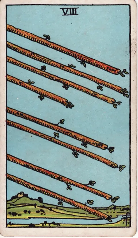 Eight of Wands, from the 1909 Rider-Waite-Smith deck: eight wands fly at a slant through a clear sky over green country and a river.