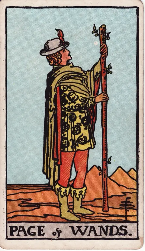Page of Wands, from the 1909 Rider-Waite-Smith deck: a young man in a tunic patterned with salamanders stands in the desert holding a tall sprouting wand and looking up at its top.